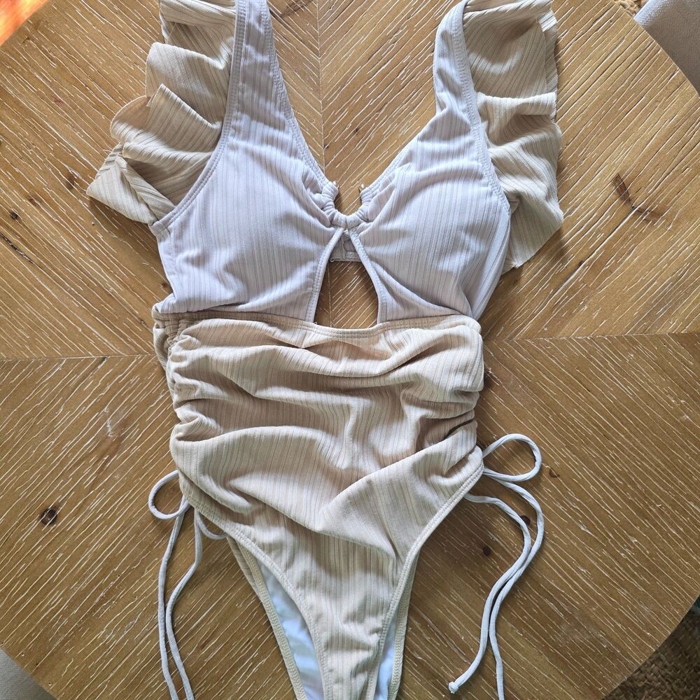 two tone beige rushed flutter old money swimsuit medium 0624